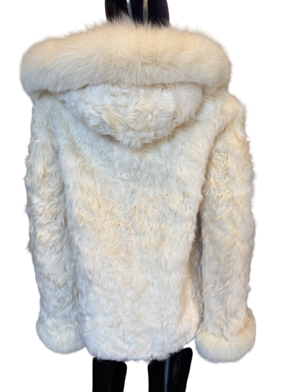 Luxury white curly sheep fur coat jacket with arctic fox hood - Picture 3 of 17